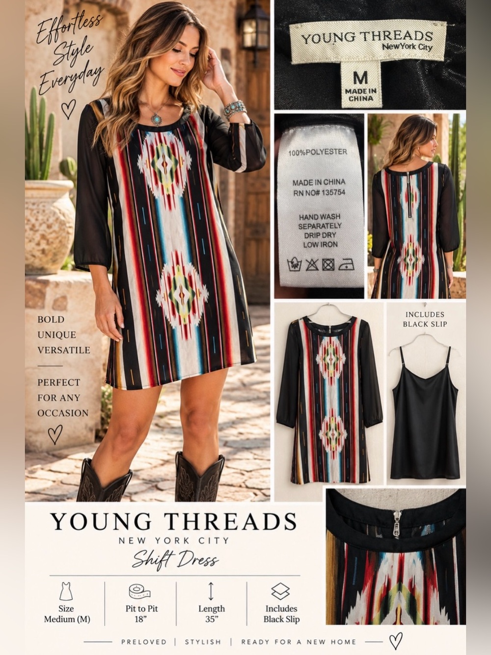 Young Threads Black Multi-Stripe Aztec Shift Dress with Black Slip